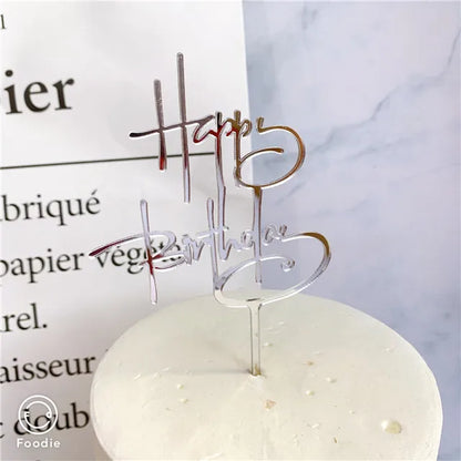 Ins Golden Happy Birthday Cake Topper Black Acrylic Birthday Party Cake Topper Cake for Baby Shower Dessert Decoration Gift Flag