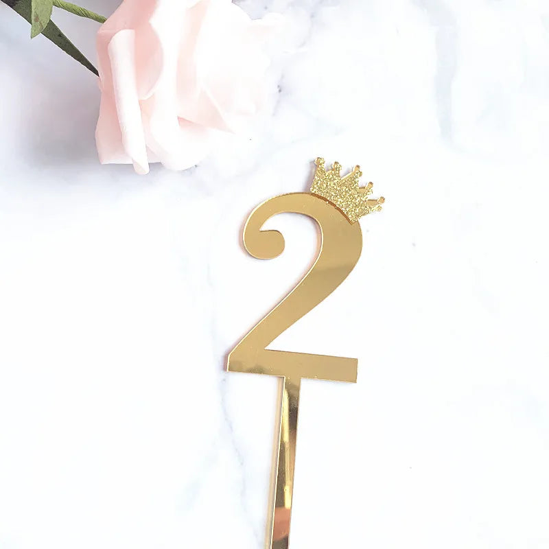 0-9 Crown Number Happy Birthday Cake Topper Gold Acrylic Wedding Party Cupcake Toppers for Baby Shower Gift Dessert Decoration