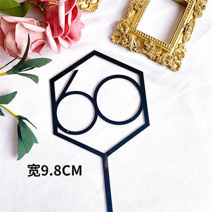 Numbers18-60 Happy Birthday Cake Topper Gold Silver Hexagonal Acrylic Anniversary Party Cupcake Topper Cakes Dessert Decoration