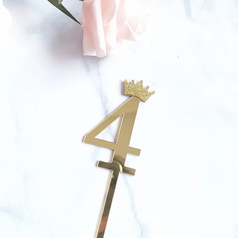 0-9 Crown Number Happy Birthday Cake Topper Gold Acrylic Wedding Party Cupcake Toppers for Baby Shower Gift Dessert Decoration