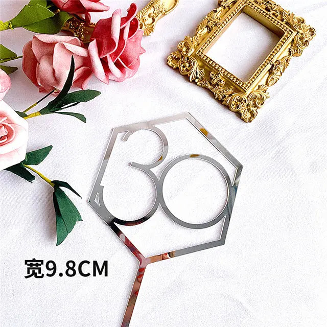 Numbers18-60 Happy Birthday Cake Topper Gold Silver Hexagonal Acrylic Anniversary Party Cupcake Topper Cakes Dessert Decoration
