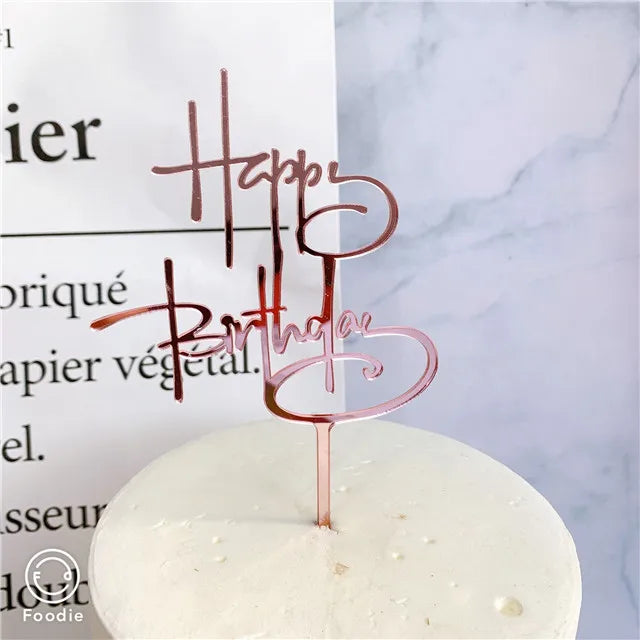 Ins Golden Happy Birthday Cake Topper Black Acrylic Birthday Party Cake Topper Cake for Baby Shower Dessert Decoration Gift Flag