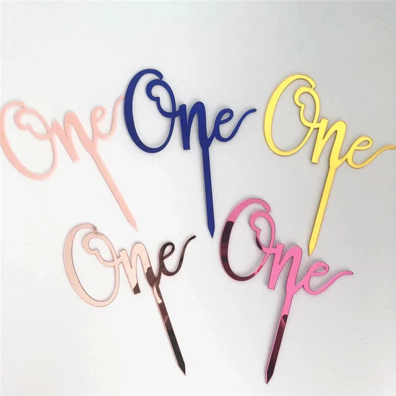 New Acrylic One Cake Topper Rose gold Birthday Party Cupcake Toppers Wedding anniversary Baby 1st birthday Cake Flag Decorations