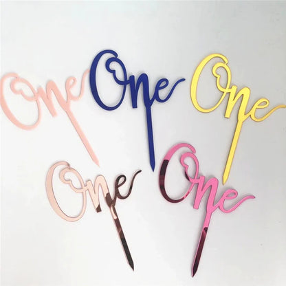 New Acrylic One Cake Topper Rose gold Birthday Party Cupcake Toppers Wedding anniversary Baby 1st birthday Cake Flag Decorations