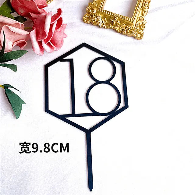 Numbers18-60 Happy Birthday Cake Topper Gold Silver Hexagonal Acrylic Anniversary Party Cupcake Topper Cakes Dessert Decoration
