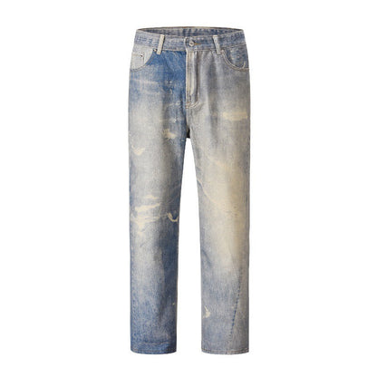 Digital Printed Gray White Washed Distressed Jeans
