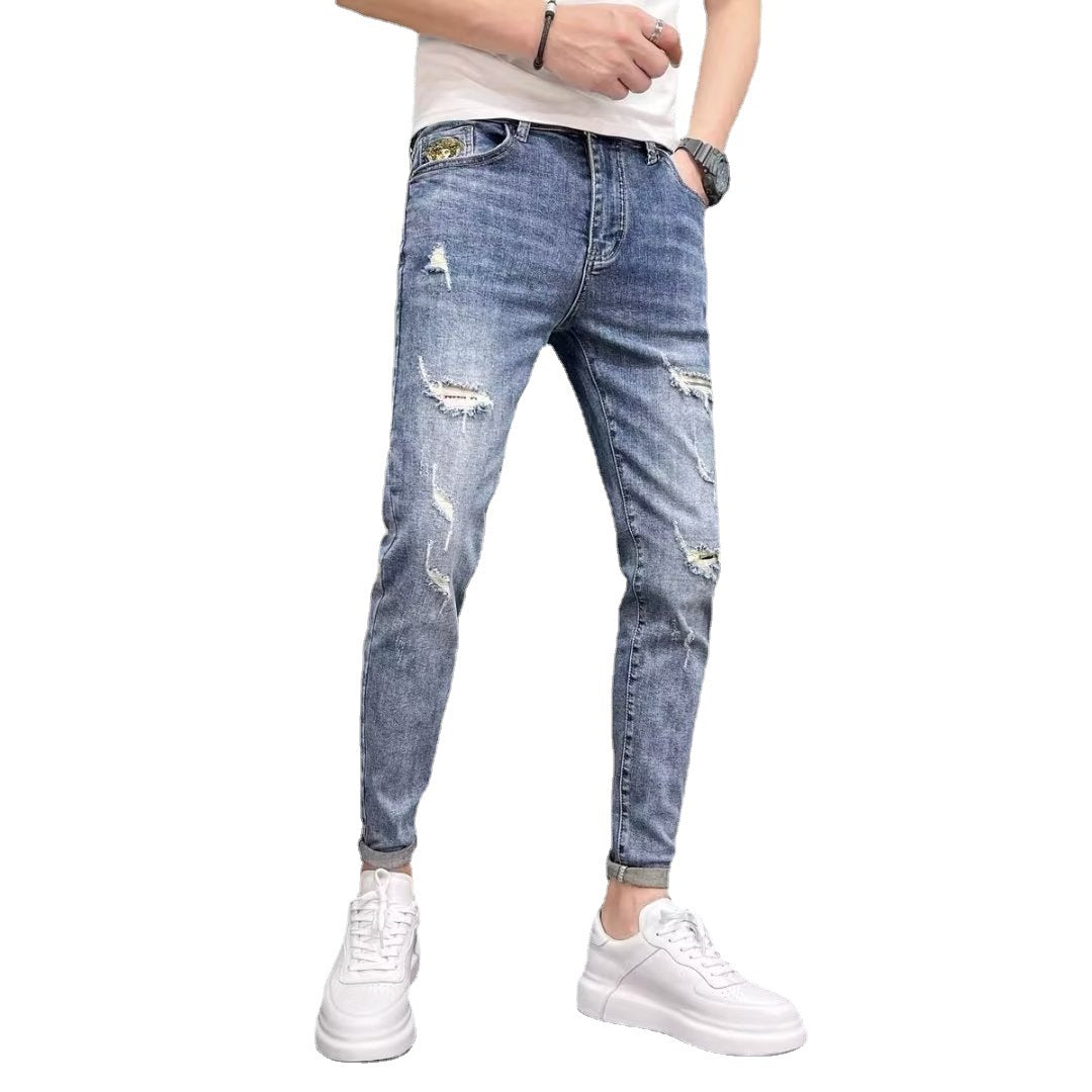 Spring Autumn Men's Ripped Skinny Trendy Jeans