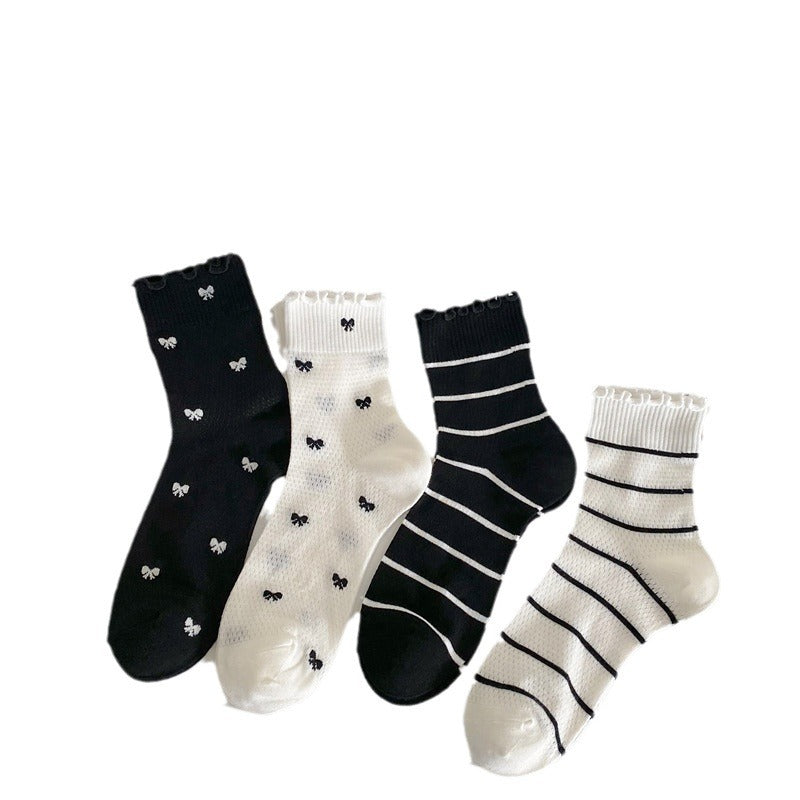 Black and White Lace Openwork Mid-Calf Socks