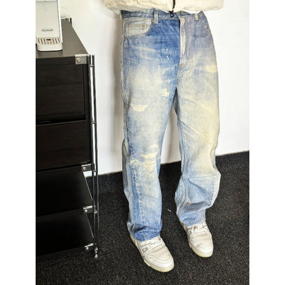 Digital Printed Gray White Washed Distressed Jeans