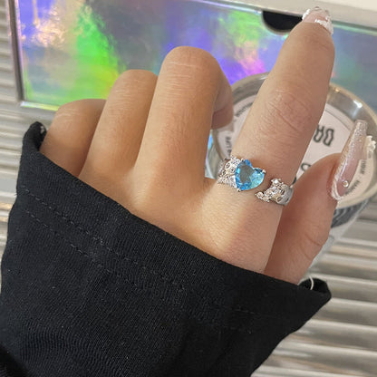 Blue Heart-shaped Zircon Water Drop Open Ring