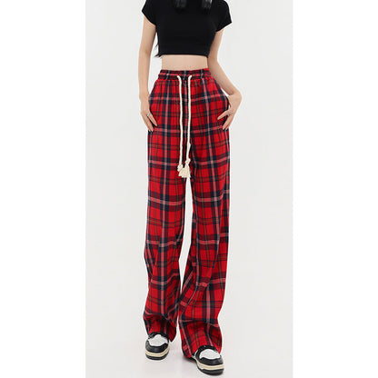 Women's Mop Drawstring Plaid Casual Pants