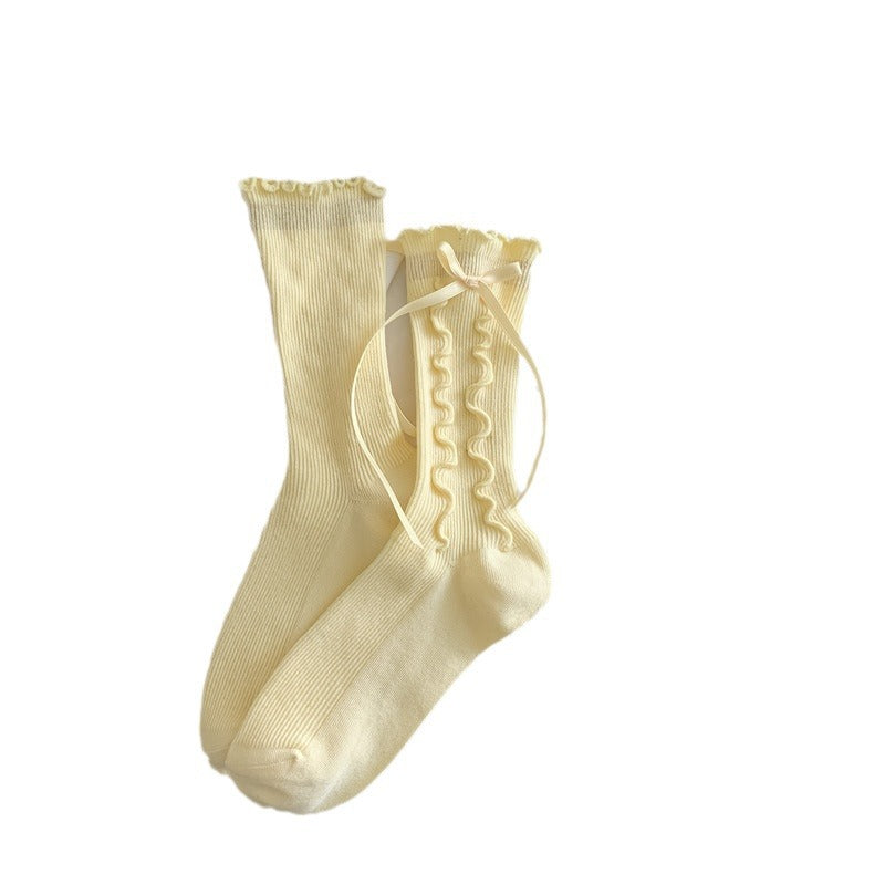 Jk Girly Style Side Wooden Ear Bow Ribbon Female Middle Tube Socks