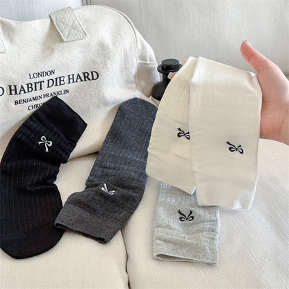 Solid Color Bow Embroidery Mid-calf Length Loose Socks
