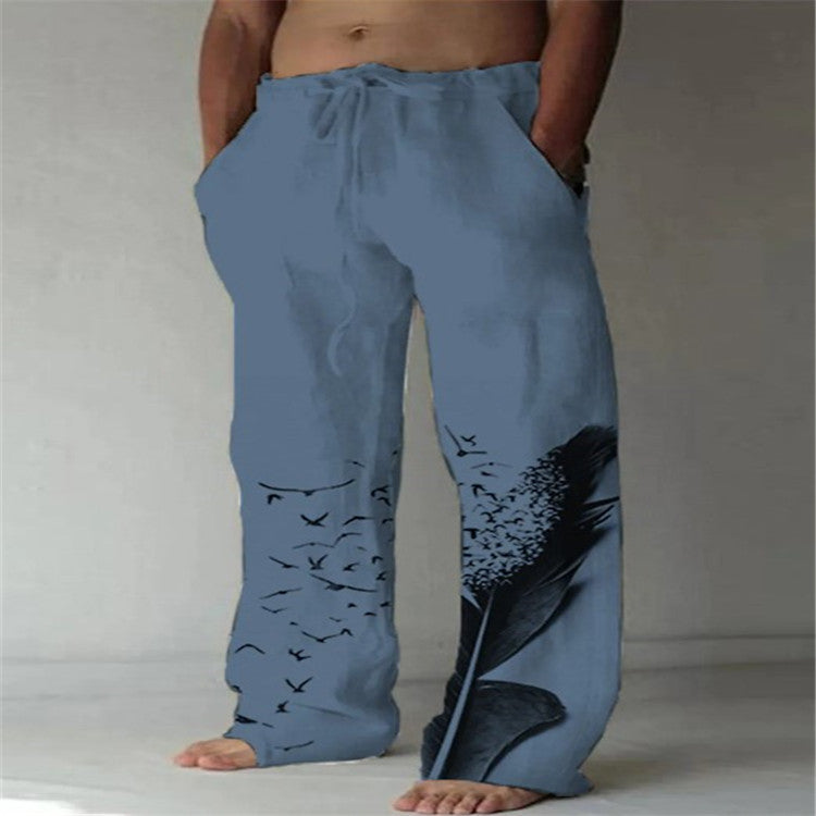 Men's Cotton Linen Printed Drawstring Trousers
