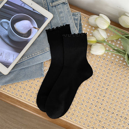 Black and White Lace Openwork Mid-Calf Socks