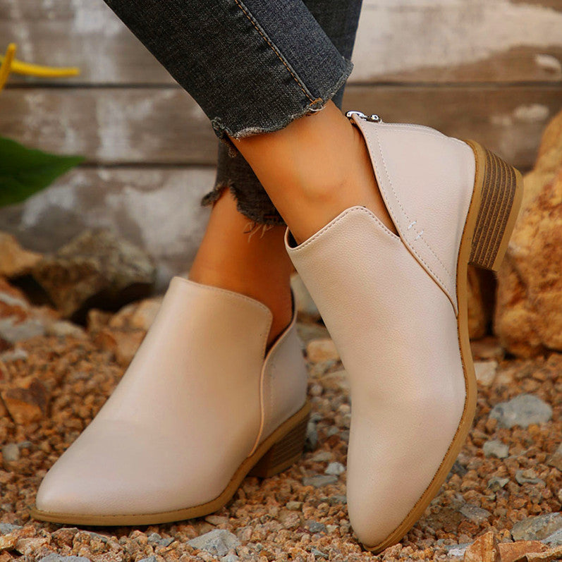 Back Zip Chunky Heel Booties Pointed Toe
