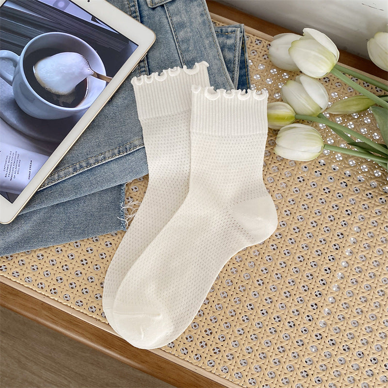 Black and White Lace Openwork Mid-Calf Socks