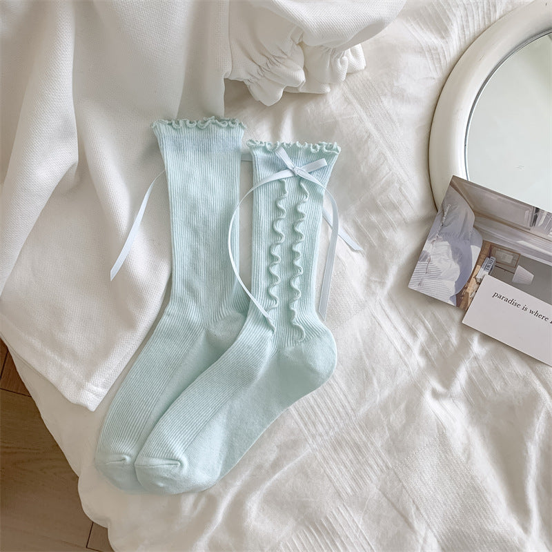 Jk Girly Style Side Wooden Ear Bow Ribbon Female Middle Tube Socks