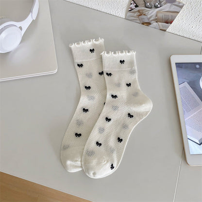 Black and White Lace Openwork Mid-Calf Socks