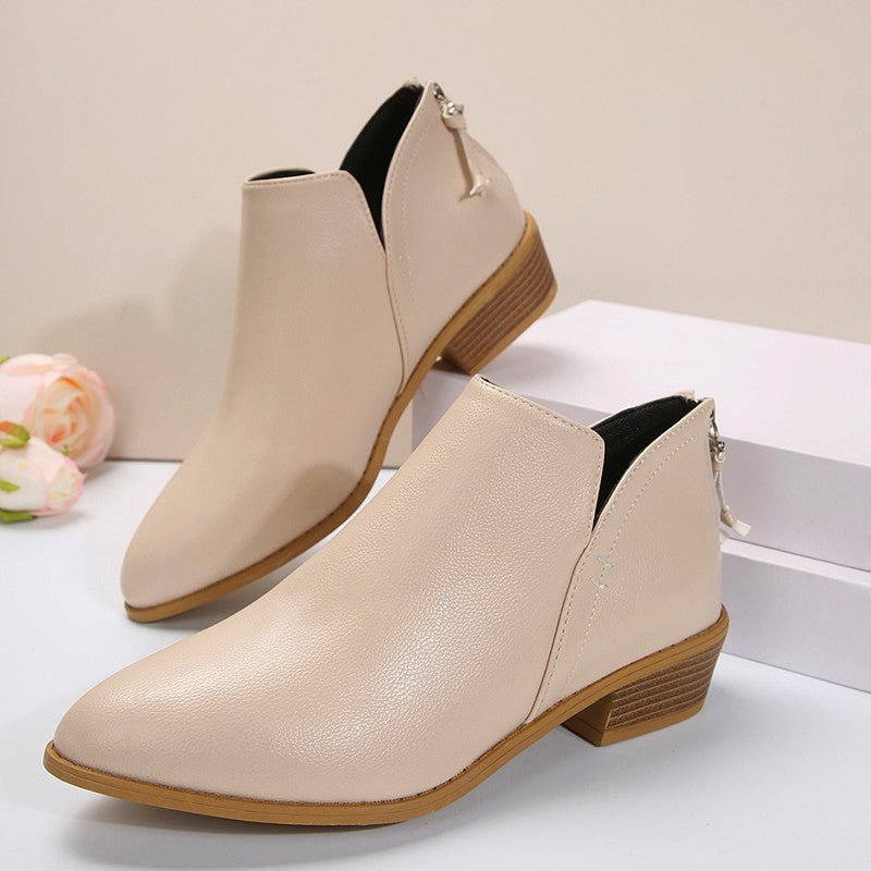 Back Zip Chunky Heel Booties Pointed Toe
