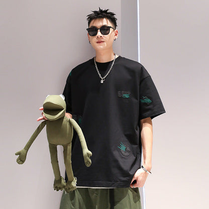 Men's Cotton Embroidery Loose Pullover Short Sleeve