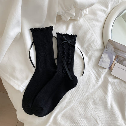 Jk Girly Style Side Wooden Ear Bow Ribbon Female Middle Tube Socks