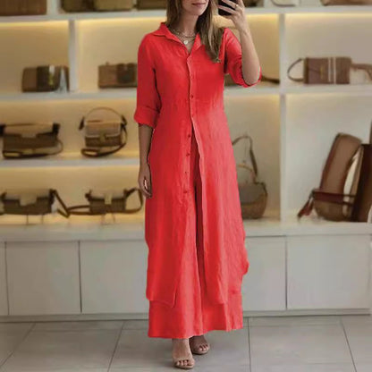 Slim-Fit Cotton Linen Long Shirt Wide-Leg Pants Suit