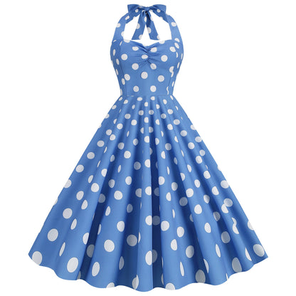 Women's Fashion Retro Hepburn Style Halter Polka-dot Slim-fit Large Swing Dress