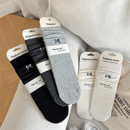 Solid Color Bow Embroidery Mid-calf Length Loose Socks