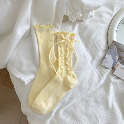 Jk Girly Style Side Wooden Ear Bow Ribbon Female Middle Tube Socks