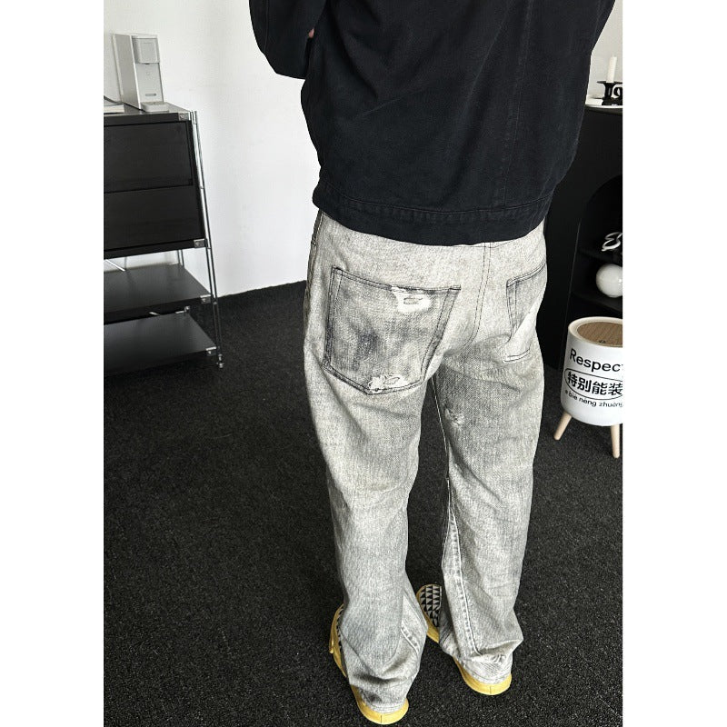 Digital Printed Gray White Washed Distressed Jeans