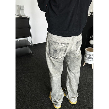 Digital Printed Gray White Washed Distressed Jeans