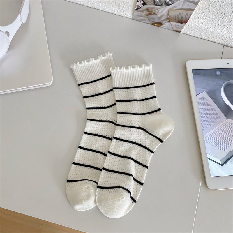 Black and White Lace Openwork Mid-Calf Socks