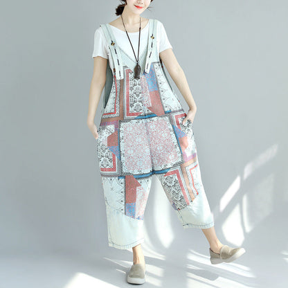 Printed Denim Suspender Pants with Worn-Out Look