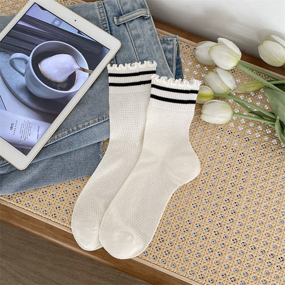 Black and White Lace Openwork Mid-Calf Socks