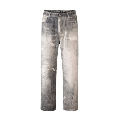 Digital Printed Gray White Washed Distressed Jeans