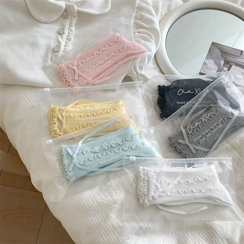 Jk Girly Style Side Wooden Ear Bow Ribbon Female Middle Tube Socks