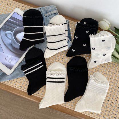 Black and White Lace Openwork Mid-Calf Socks