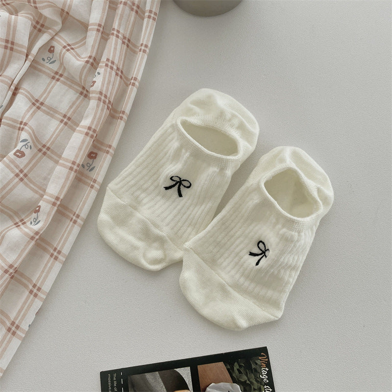 Bow Embroidery Cotton Women's Low-cut Liners Socks