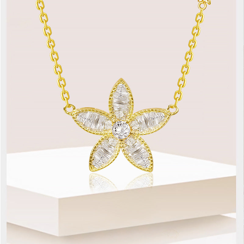 Sterling Silver Rhinestone Flower Pendant Necklace