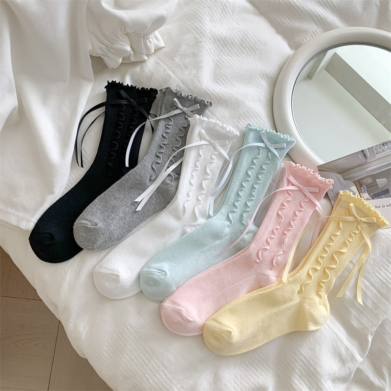 Jk Girly Style Side Wooden Ear Bow Ribbon Female Middle Tube Socks