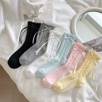 Jk Girly Style Side Wooden Ear Bow Ribbon Female Middle Tube Socks