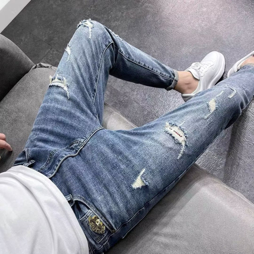 Spring Autumn Men's Ripped Skinny Trendy Jeans