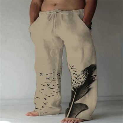 Men's Cotton Linen Printed Drawstring Trousers