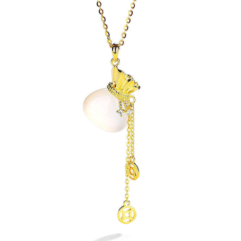 925 Silver Necklace with White Chalcedony Lucky Bag Pendant