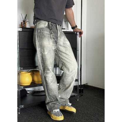 Digital Printed Gray White Washed Distressed Jeans