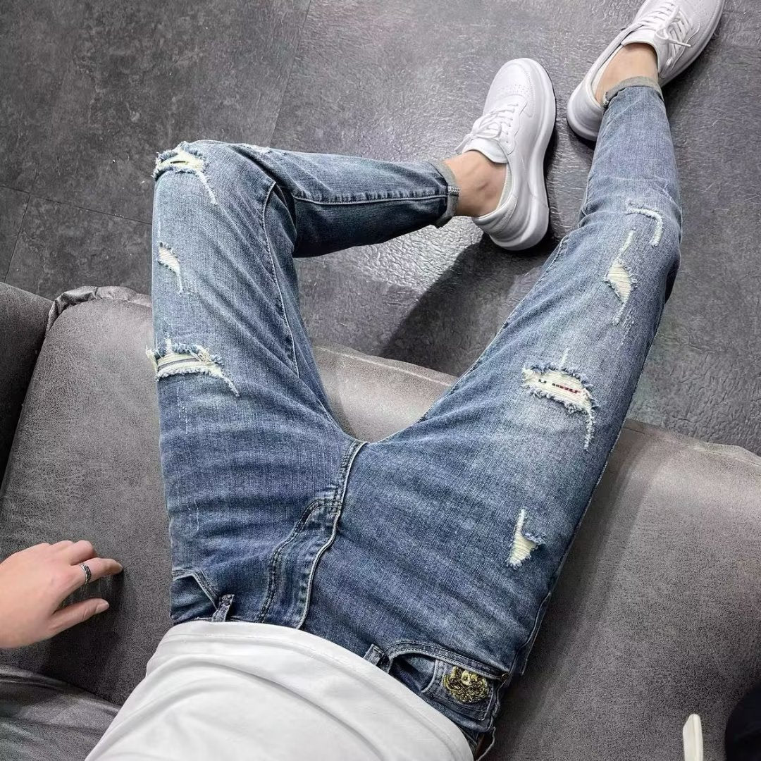 Spring Autumn Men's Ripped Skinny Trendy Jeans