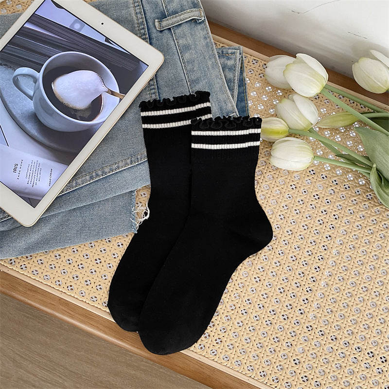 Black and White Lace Openwork Mid-Calf Socks