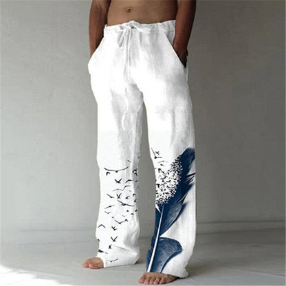 Men's Cotton Linen Printed Drawstring Trousers