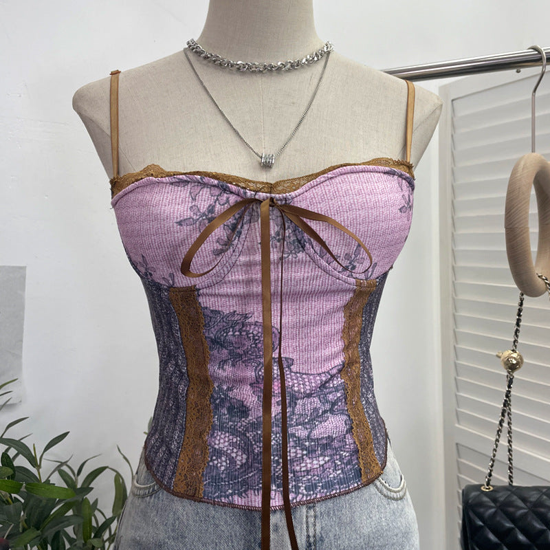 Vintage Ink Painting Lace-Up Tube Top with Chest Pad